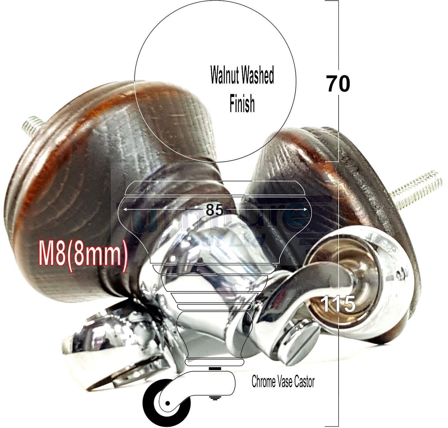 4x Dark Walnut Washed Wooden Furniture Sofa Legs M8 With Castors Replacement Chair Settee Feet 115mm - 125mm High