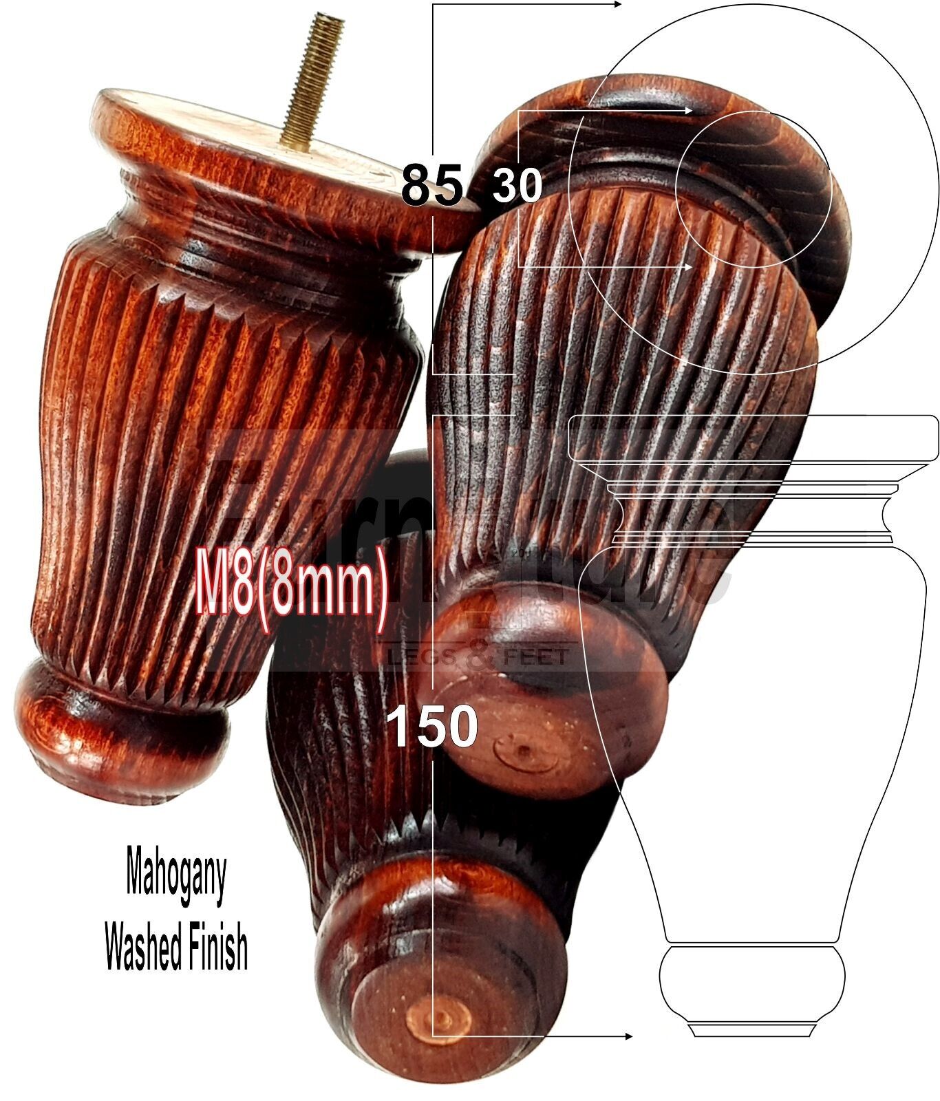 4 Solid Wood Traditional Turned Furniture Legs Replacement Bun Feet 150mm High Multiple Colours Chairs Stools Sofas Beds Settee Cabinets M8