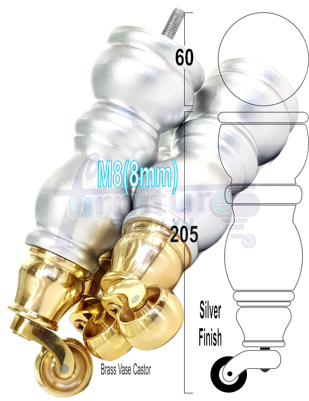 4x Furniture Feet With Castor 205mm High Legs Silver Wood M8 Sofas Chairs Stools Cabinets 8 Inches Tall