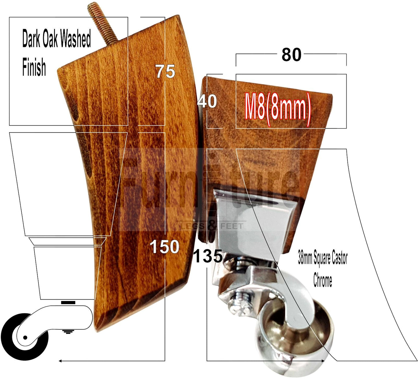 Set Of 4 Block Wood Furniture Feet With Antique Castor 8mm Thread For Chairs Settees Sofa 150mm High