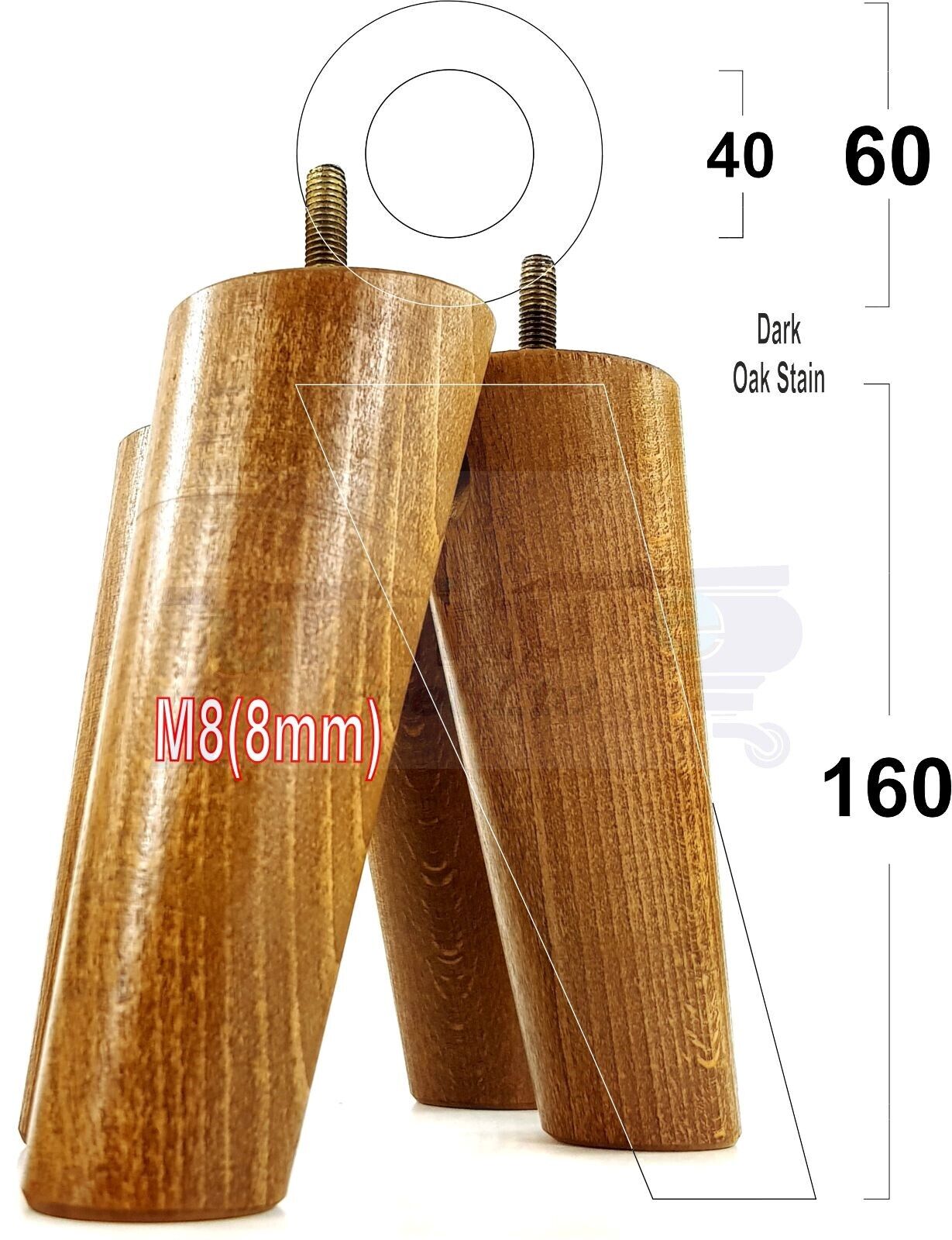 4 Solid Wood Turned Furniture Feet Replacement Mid Centry Angled Retro Legs 160mm High M8 Sofa Chairs Stools Cabinets Beds
