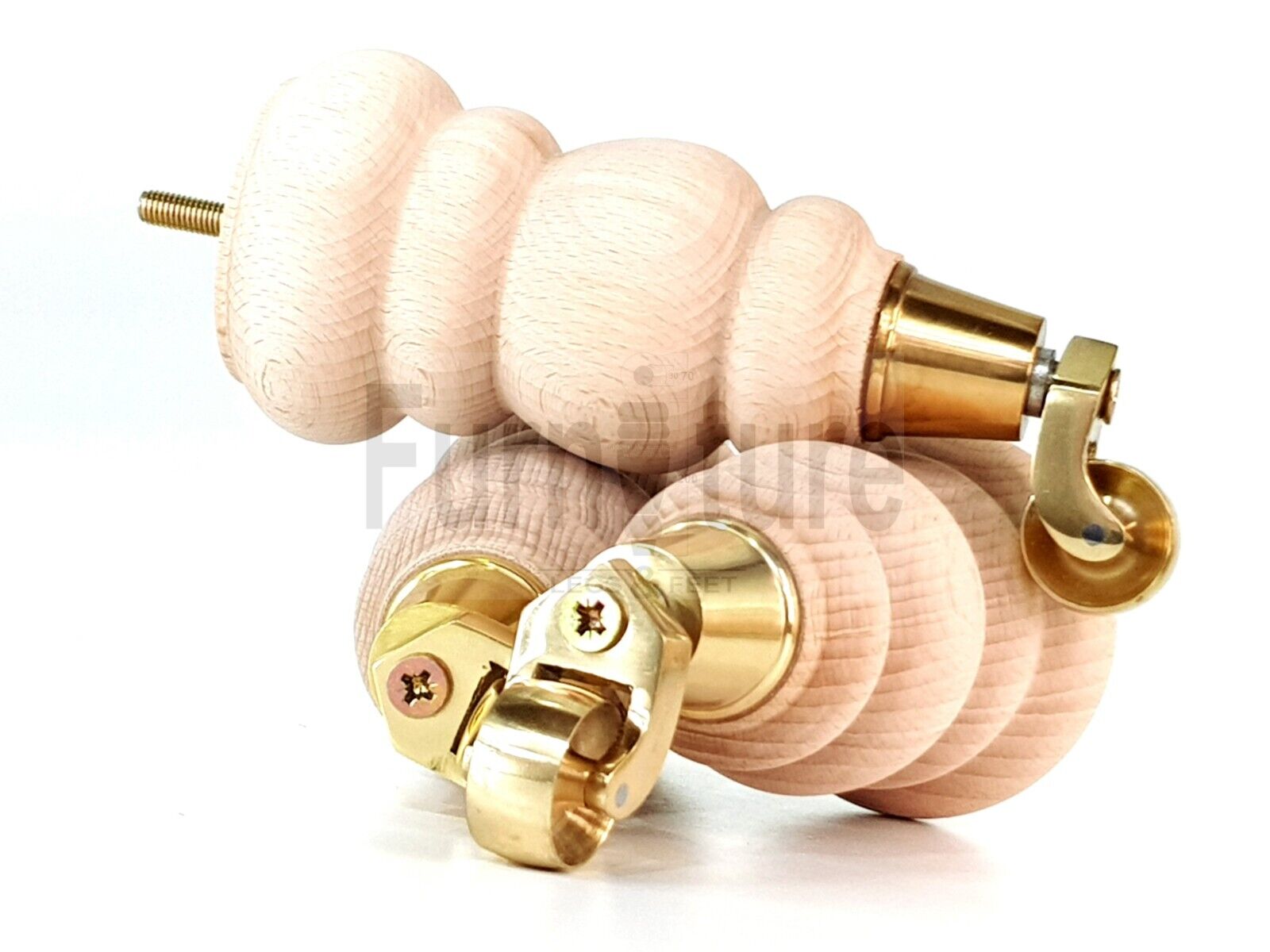 4x Turned Solid Wood Furniture Legs With Brass Castors Replacement Feet 200mm High 8mm Thread