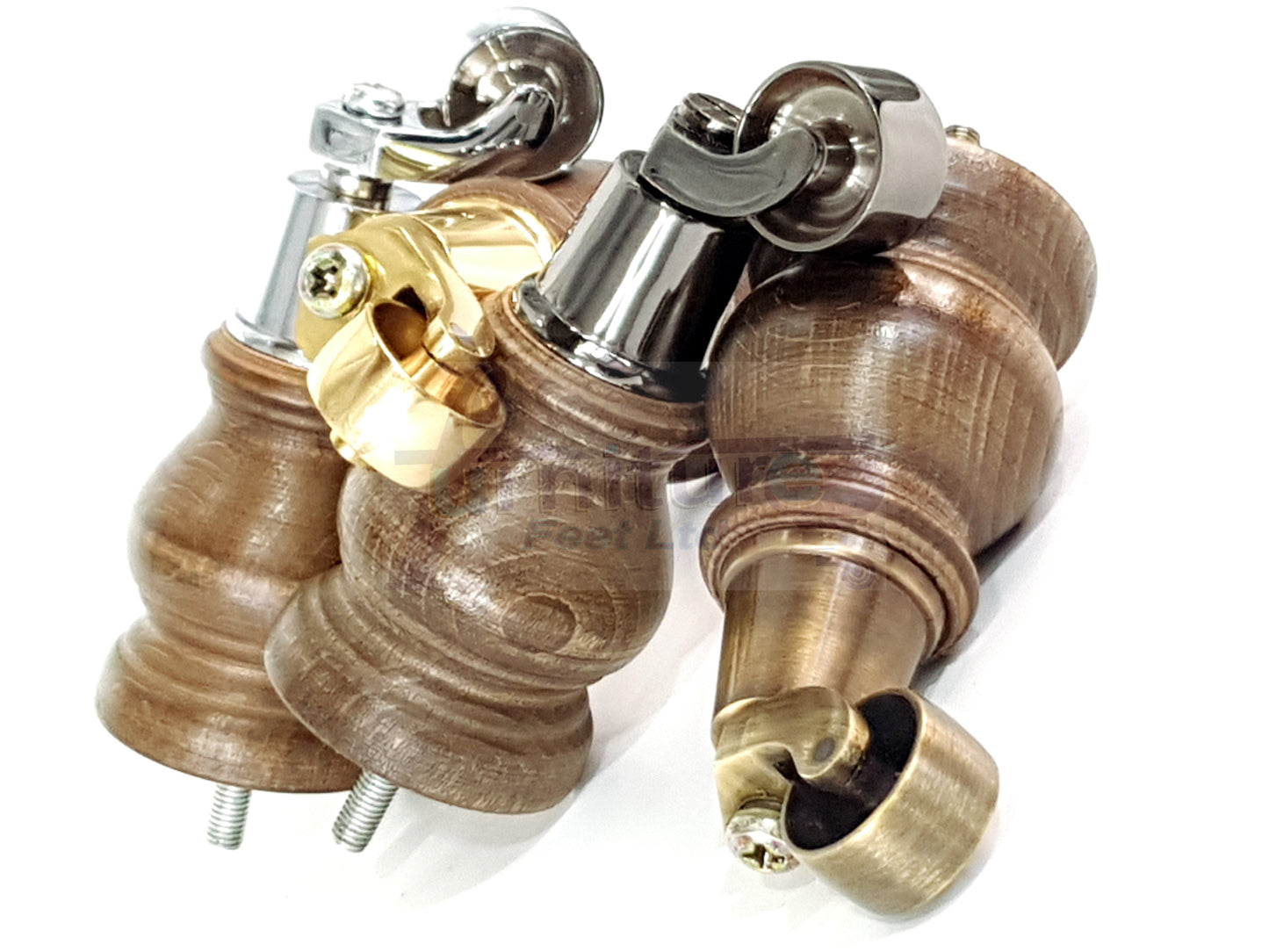 Set Of 4 Turned Wood Furniture Legs With 150mm High Castor 8mm Thread For Chairs Settees & Cabinets Antique Brown Stain