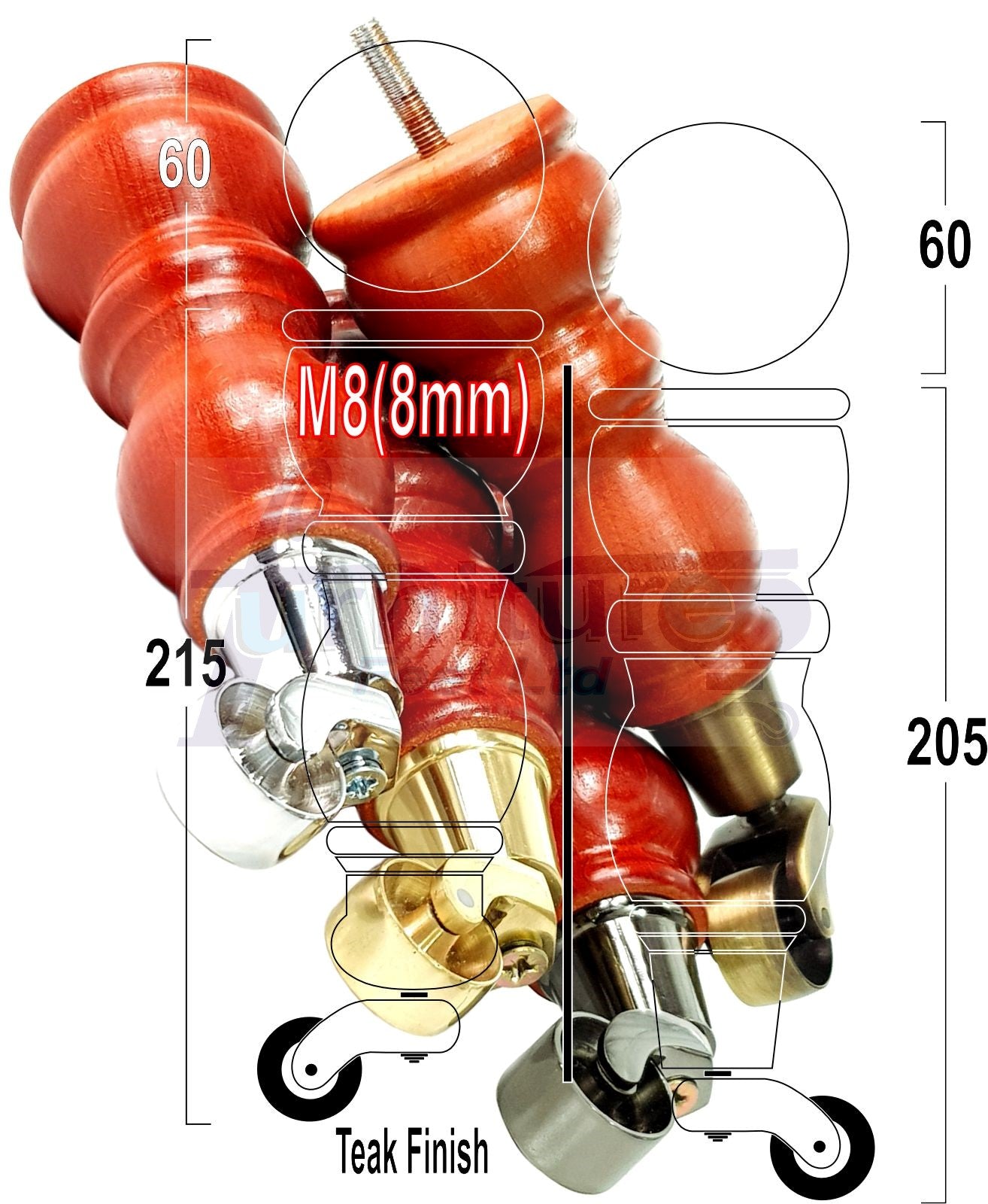 Solid Wood Furniture Feet With Castors Set of 4 Legs 205mm High For Sofas Chairs Stools Cabinets & Beds M8