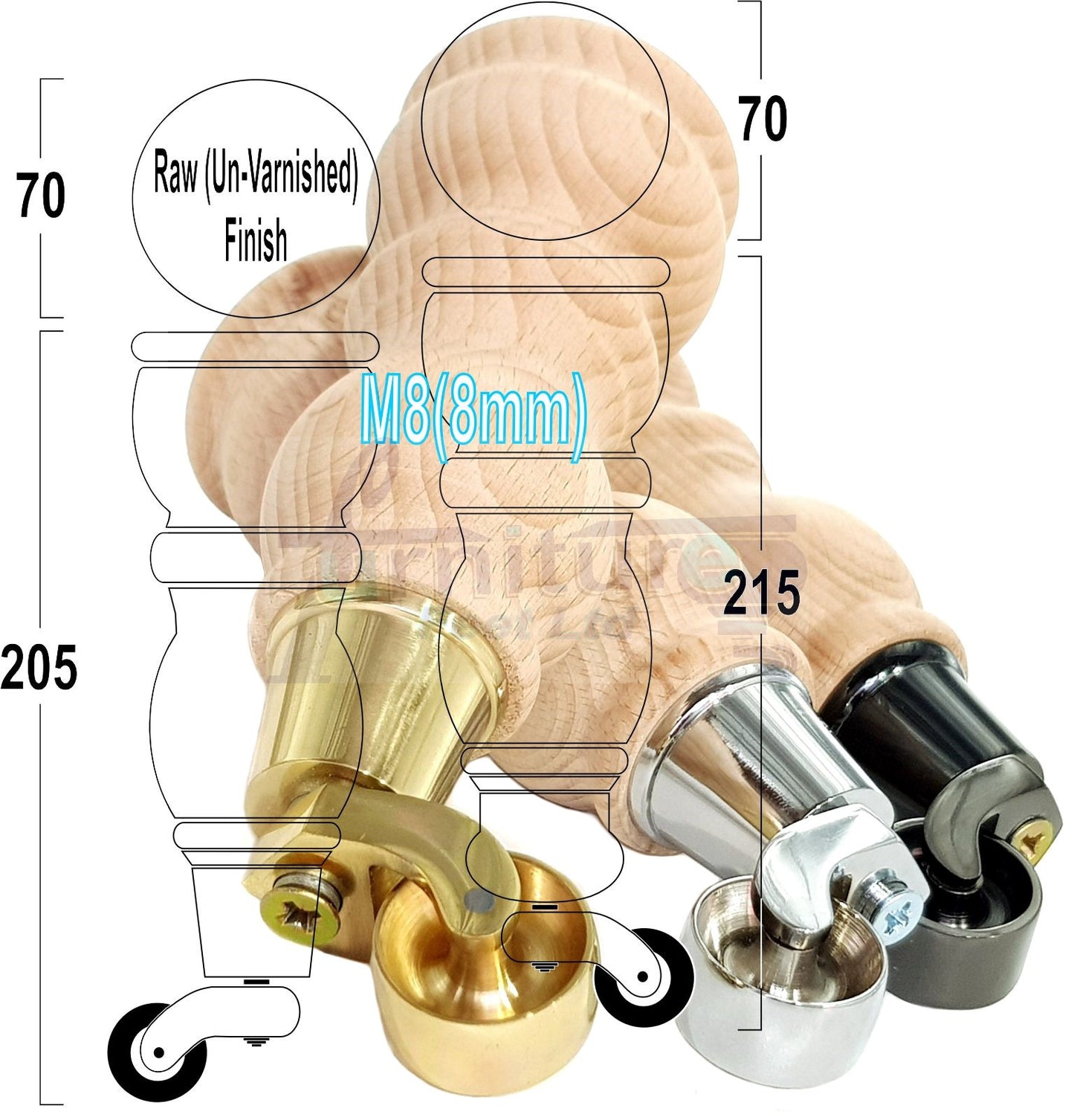 4 Turned Wood Furniture Feet With Castor 205mm High Legs Raw Wood M8 Sofas Chairs Stools Cabinets 8 Inches Tall 