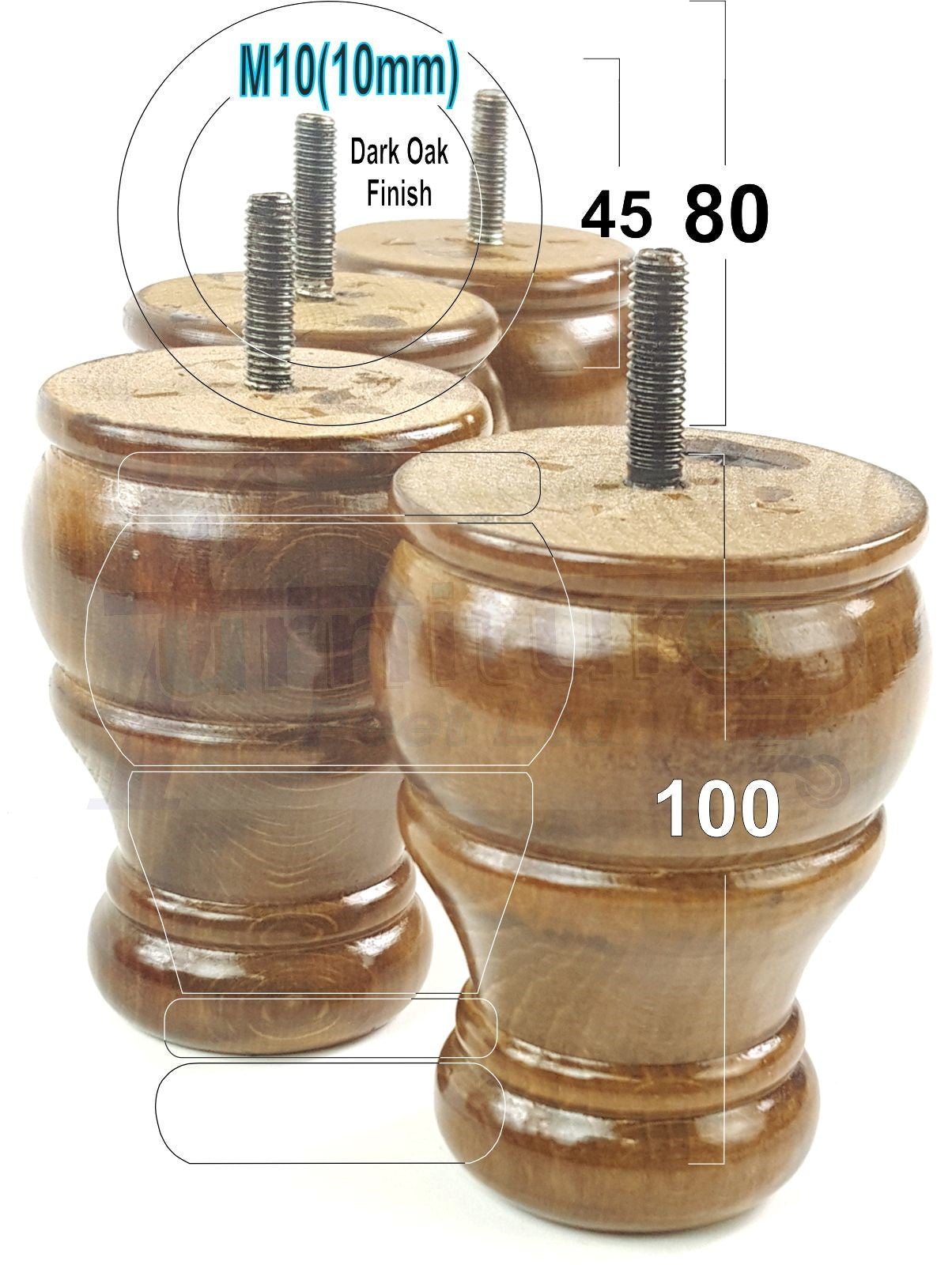 4 Turned Wood Furniture Legs Replacement Sofa Settee Chair Bed Feet 100mm High M10 Thread