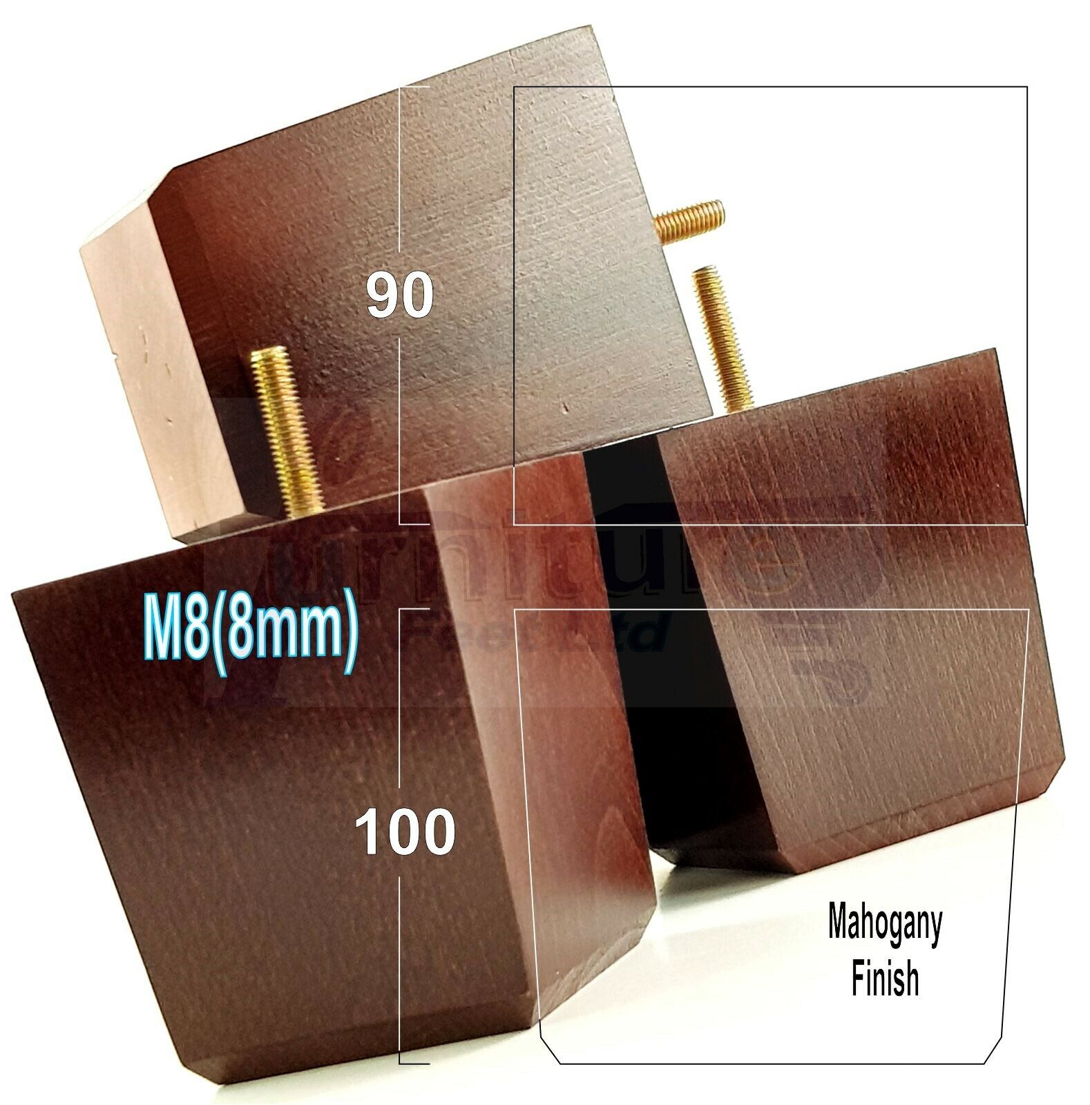 4x Solid Wood Square Furniture Legs Block Replacement Feet 100mm M8(8mm)