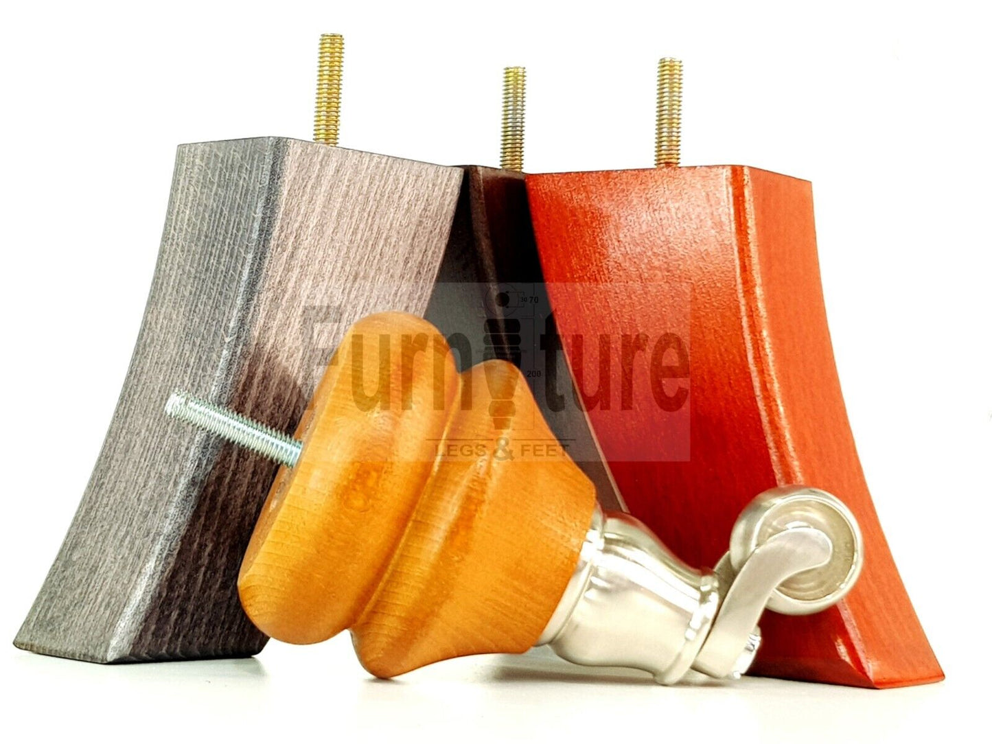 Turned Wood Furniture Feet 2 With Brushed Chrome Castors 140mm & 2 Curved Back Legs Sofas Chairs Stools Cabinets Beds M8