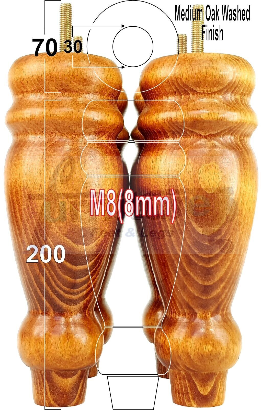 Set Of 4 Turned Furniture Legs Replacement Sofa Feet 200mm High M8 Thread