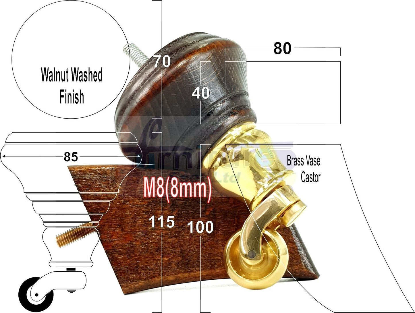 2 Dark Walnut Washed Wood Furniture Sofa Feet With Castor 125mm & 2 Curved Legs Chair Settee 100mm High M8
