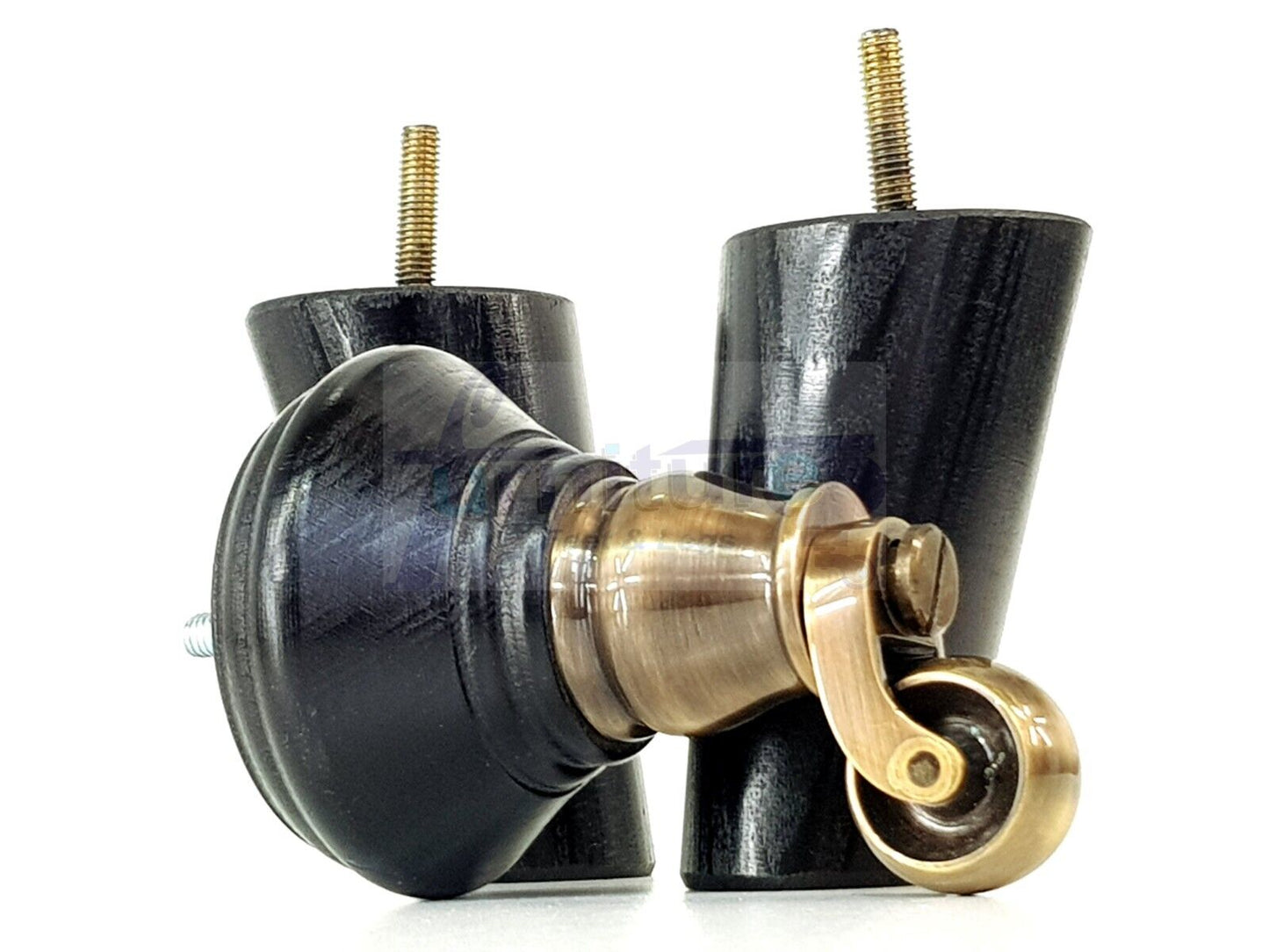 2 Black Wood Furniture Sofa Legs With Castor 125mm & 2 Angled Back Feet Chair Settee 100mm High M8