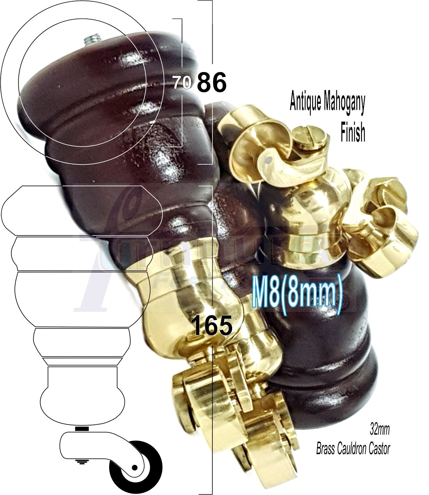 4 Turned Wood Furniture Feet With Brass Cauldron Castors 160mm Legs Sofas Chairs Stools Cabinets Beds M8 6 Inches