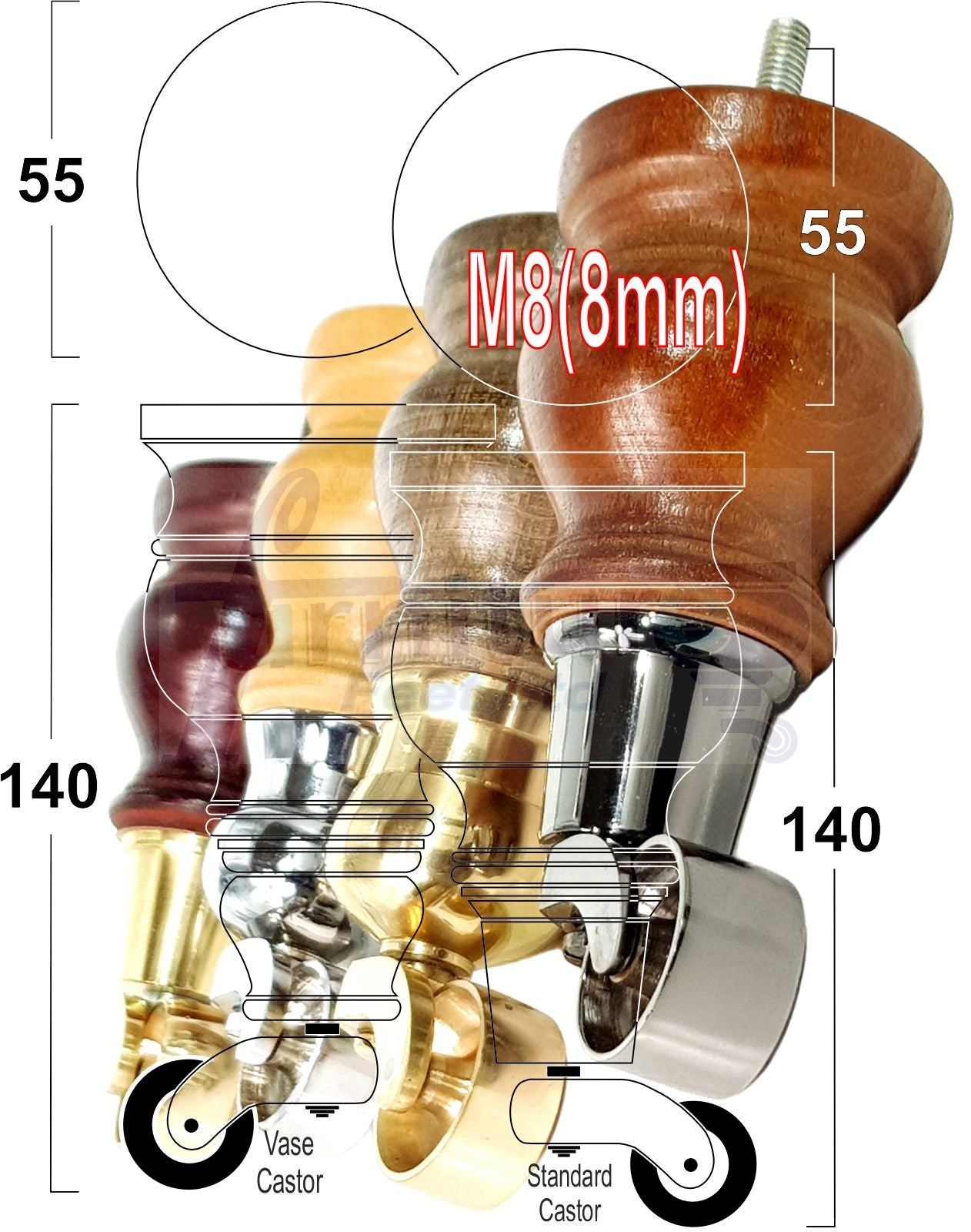 Set Of 4 Turned Wood Furniture Legs With 140mm High Castor 8mm Thread For Chairs Settees & Cabinets Antique Brown