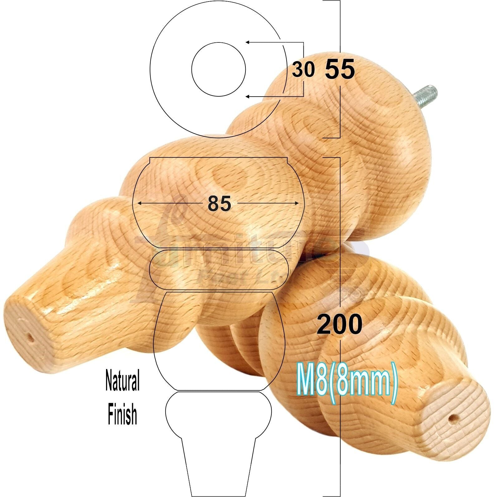 Solid Wood Furniture Feet Replacement Turned Legs 200mm High Chairs Stools Sofa's Beds Settee Cabinets M8 Various Colours Set of 4