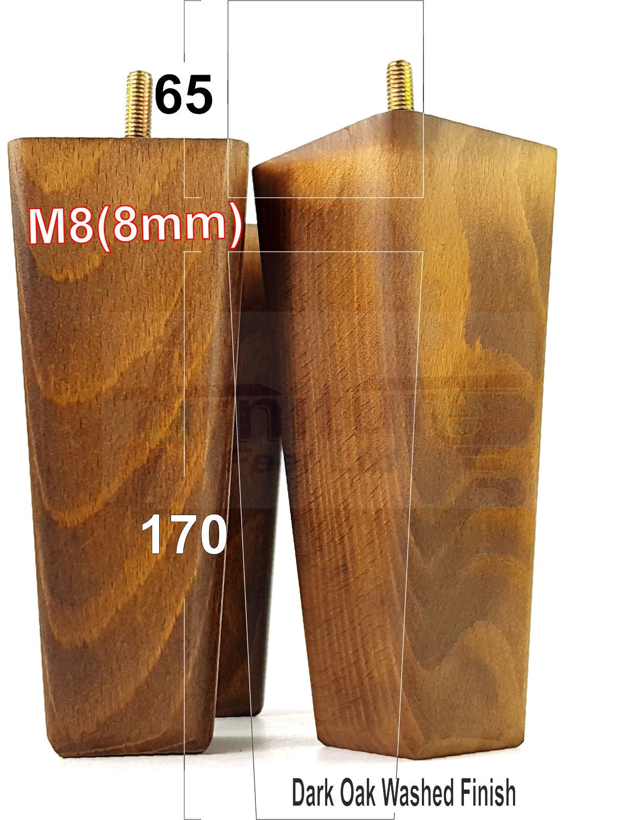 4x Wooden Furniture Legs 170mm High Replacement Square Tapered Feet 8mm