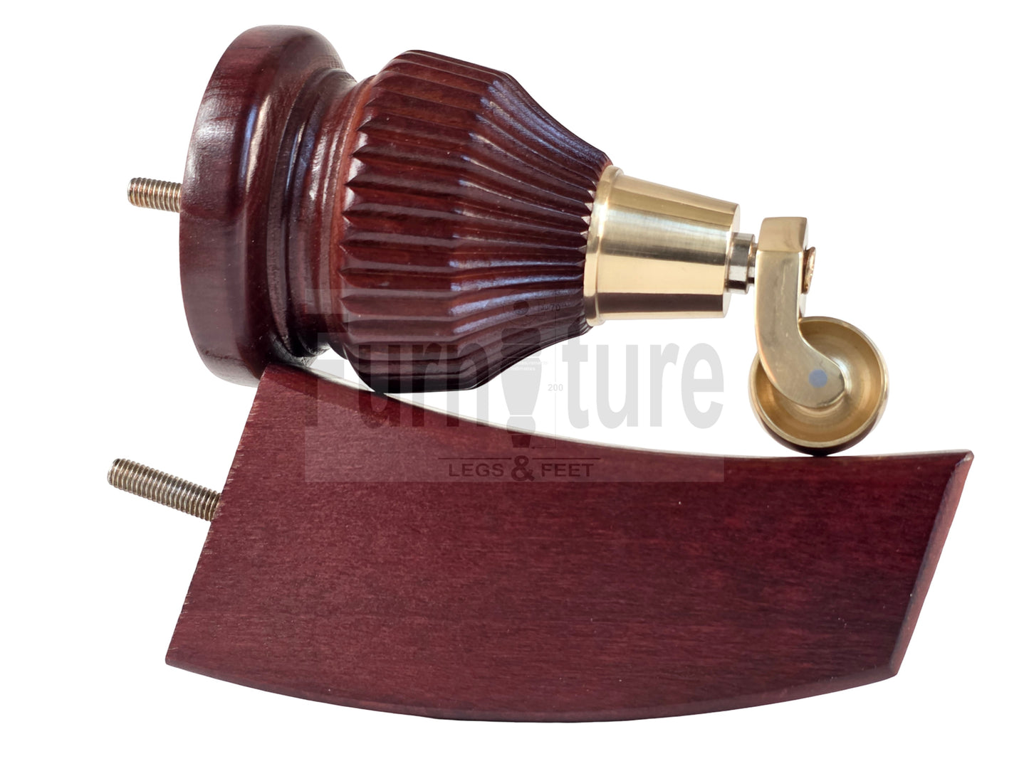 Solid Wood Furniture Replacement Legs 6 Inches with Castors and Back Feet 155mm High M8 Dowl Fixing - Mahogany Finish