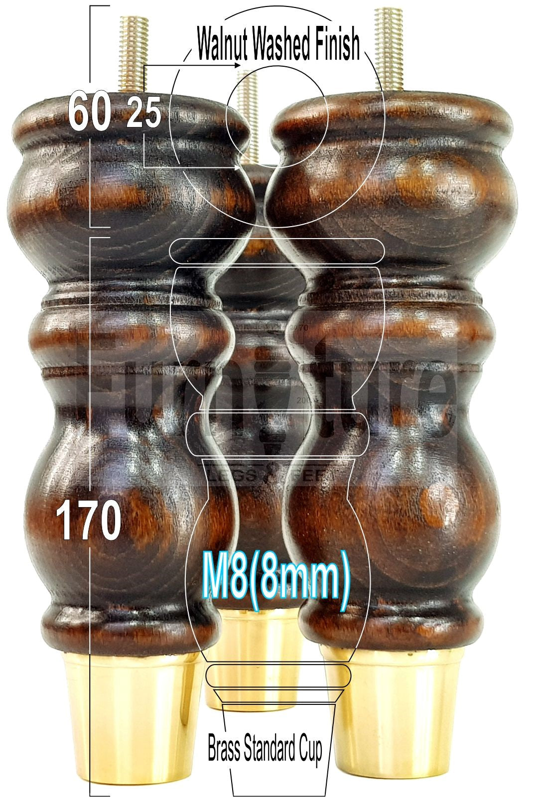 4x Furniture Feet With Slipper Cup 175mm High Legs Dark Walnut Finish Wood M8 Sofas Chairs Cabinets