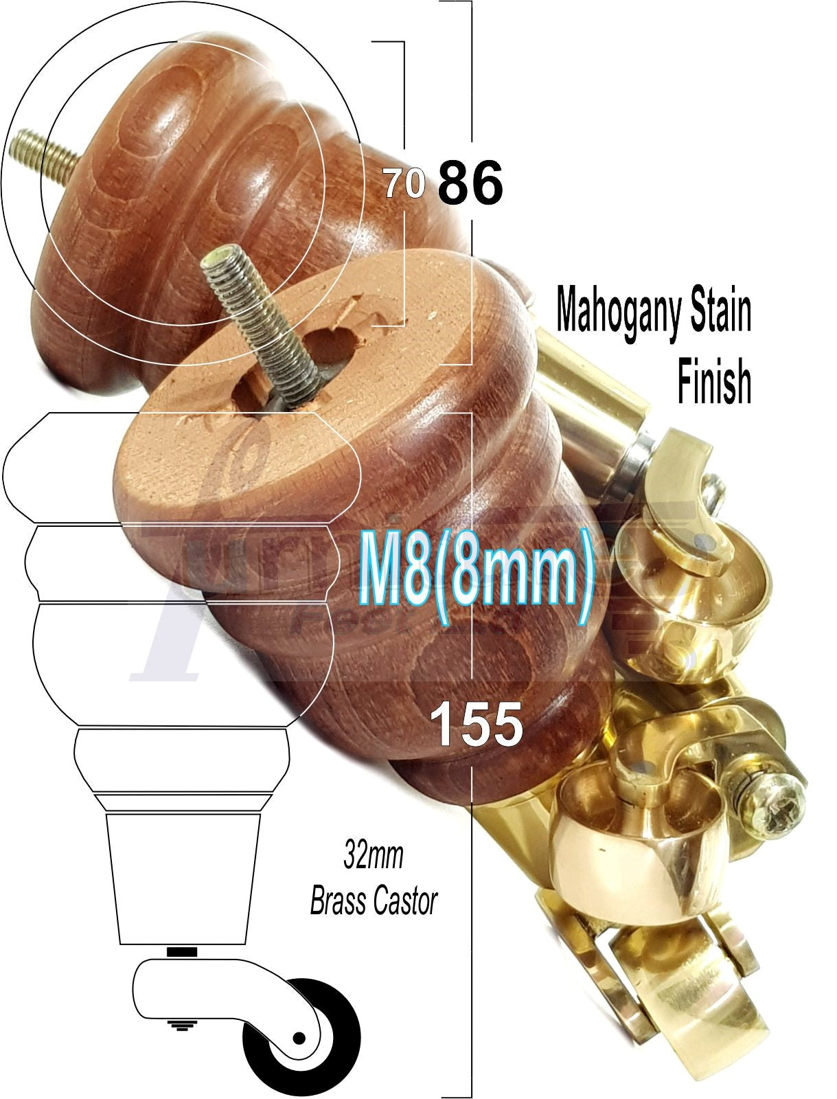 4 Turned Wood Furniture Feet With Brass Castors 155mm Legs Sofas Chairs Stools Cabinets Beds M8 6 Inches