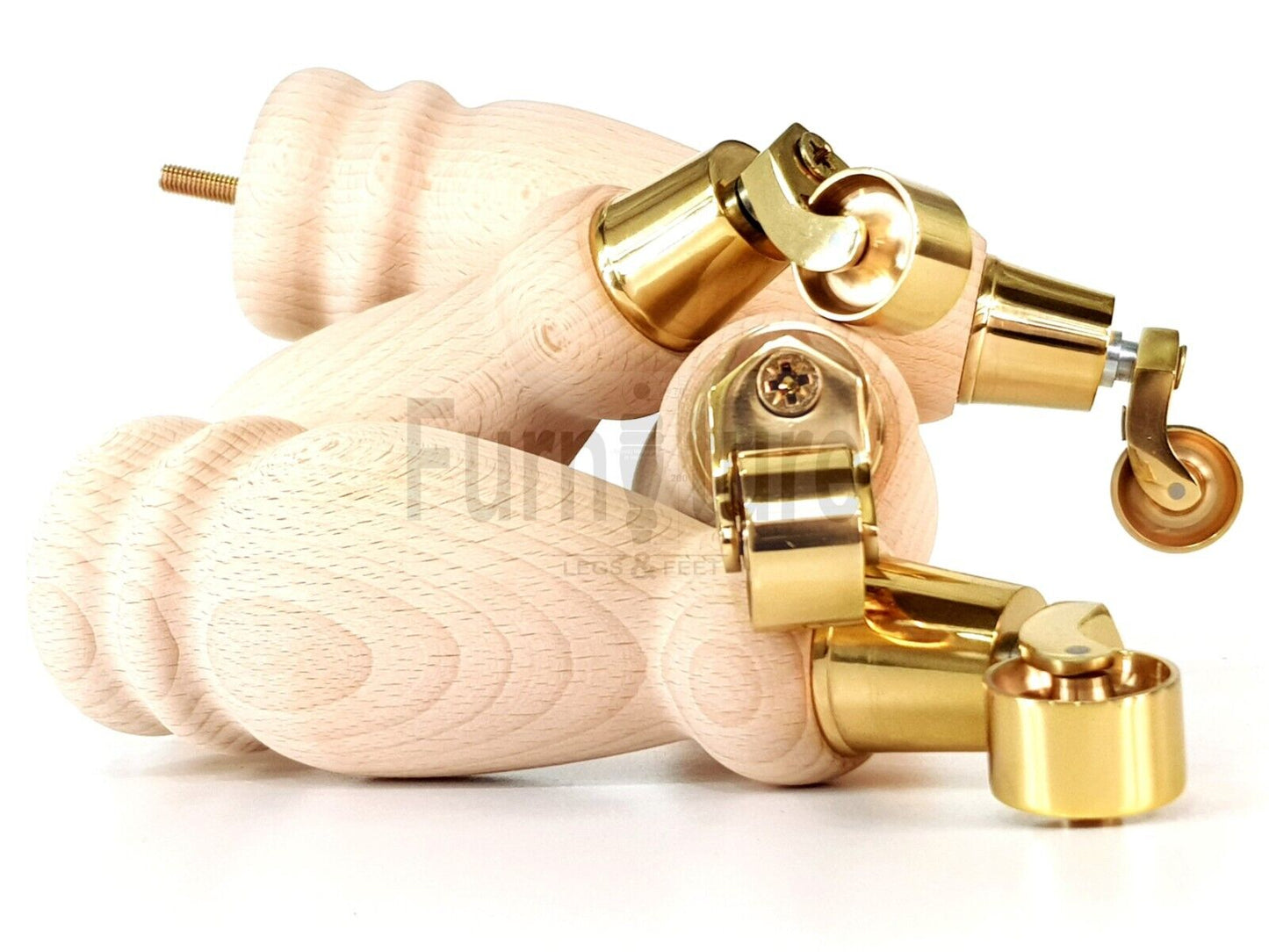Set Of 4 Wooden Turned Replacement Furniture Legs 250mm High With Brass Castor Wheels 8mm Thread