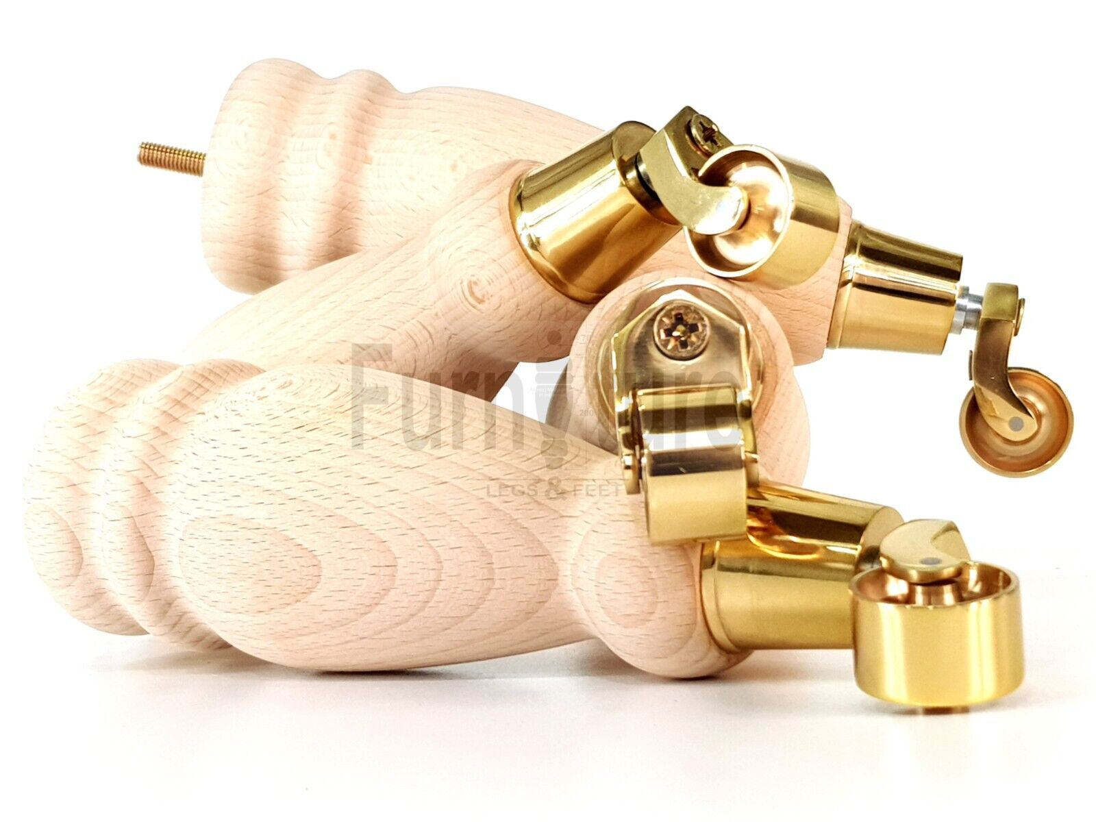 Set Of 4 Wooden Turned Replacement Furniture Legs 250mm High With Brass Castor Wheels 8mm Thread