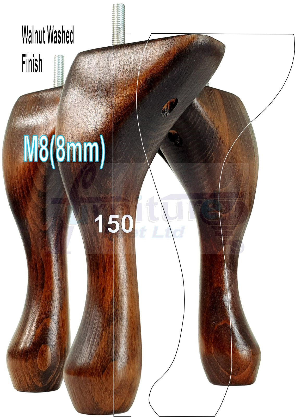 4 Solid Wood Furniture Feet 150mm High Queen Anne Replacement Legs M8 (8mm) 6 Inches Chair Stools Bed Sofa Georgian Style