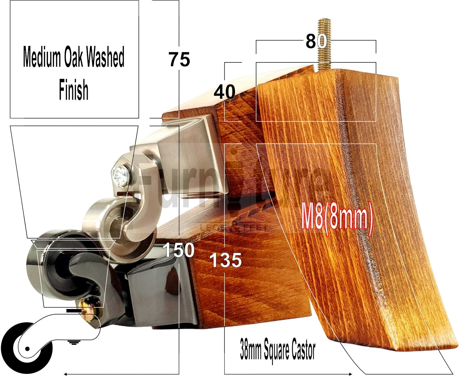 2x Cuved Wood Furniture Legs & 2x Castor Feet 150mm High For Chairs Sofas Settees 8mm Thread