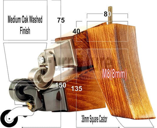 2x Cuved Wood Furniture Legs & 2x Castor Feet 150mm High For Chairs Sofas Settees 8mm Thread