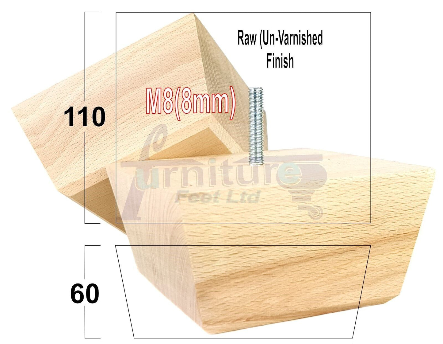 4x Square Wood Sofa Legs 60mm High Replacement Furniture Feet Chairs Cabinets M8
