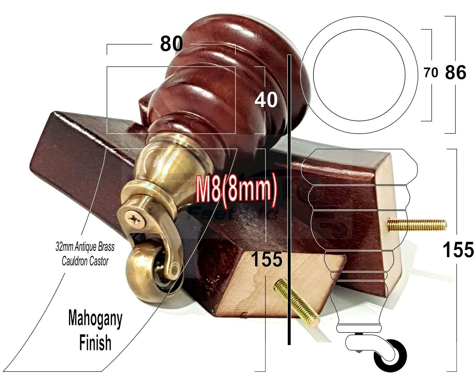 Mahogany Turned Wood Furniture Feet 2 With Castors 155mm and 2 Curved Back Legs Sofas Chairs Stools Cabinets Beds M8 6 Inches