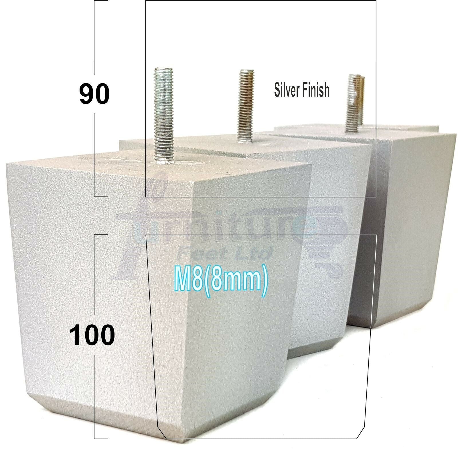 4x Solid Wood Square Furniture Legs Block Replacement Feet 100mm M8(8mm)