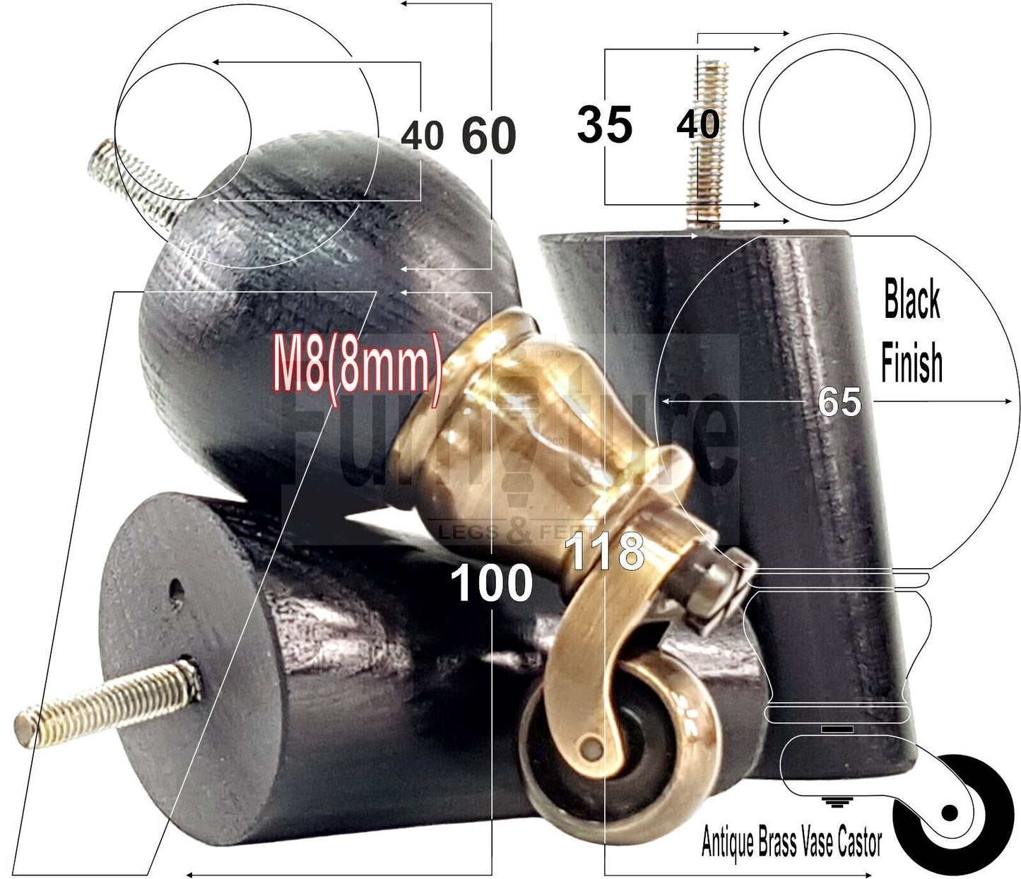 4x Turned Wood Furniture Chair Settee Legs M8 Sofa Feet 2x With Castors 118mm