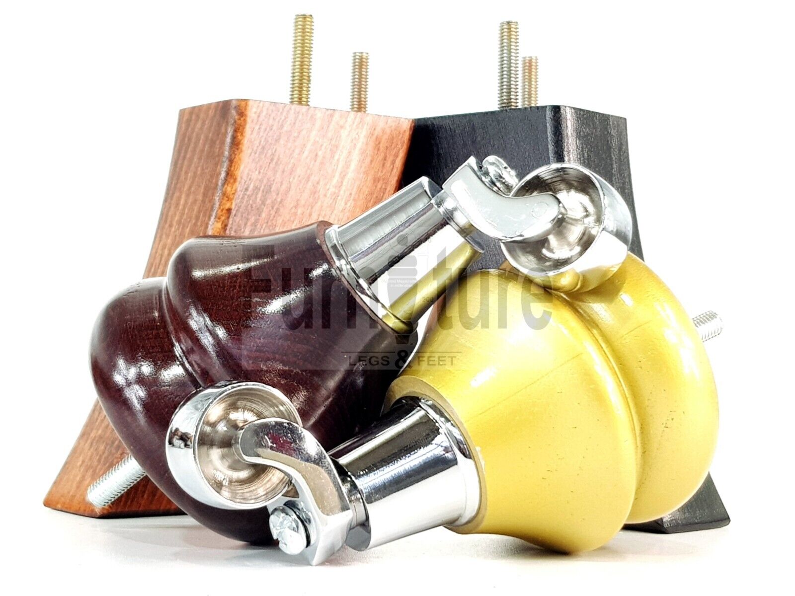 Turned Wood Furniture Feet 2 With Chrome Castors 140mm & 2 Curved Back Legs Sofas Chairs Stools Cabinets Beds M8