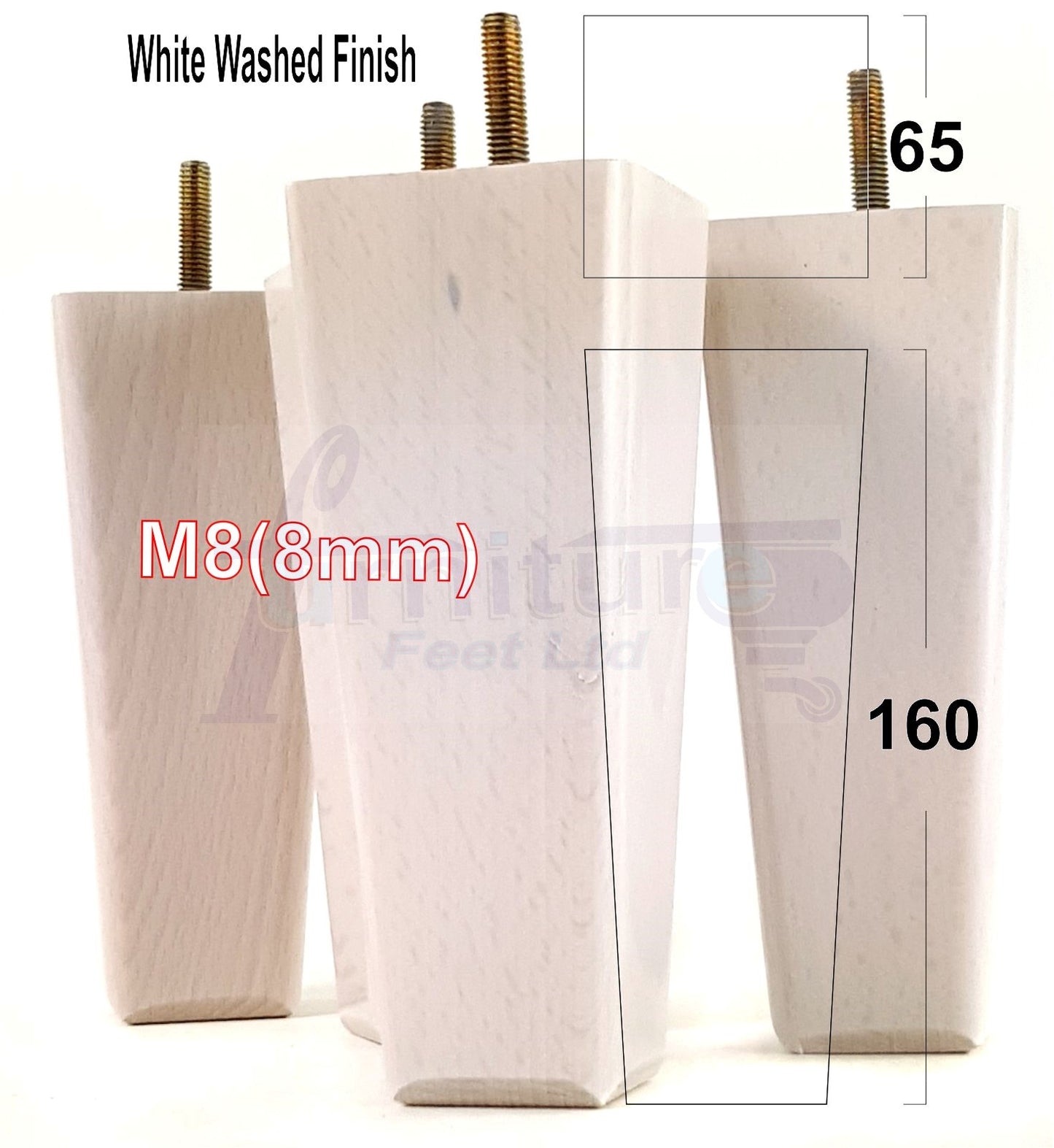 4x Wooden Furniture Legs 160mm High Replacement Square Tapered Feet 8mm