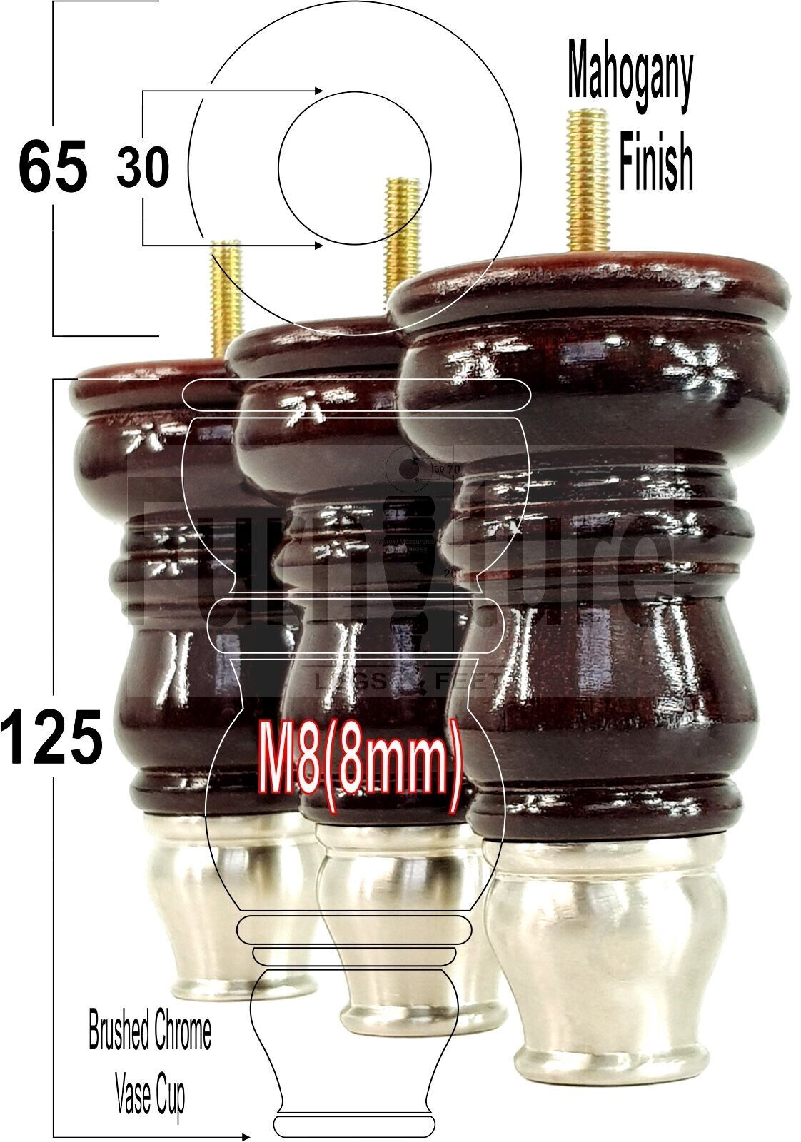 Turned Solid Beech Wood Furniture Legs and Slipper Cup Set of 4 Furniture Replacement Feet 125mm High 8mm Threaded Dowl Fixing