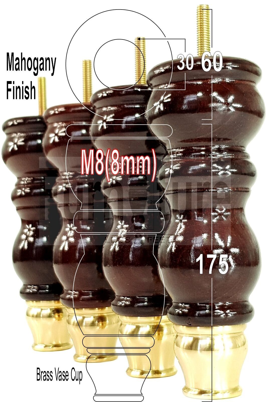 4x Furniture Feet With Slipper Cup 175mm High Legs Mahogany Finish Wood M8 Sofas Chairs Cabinets