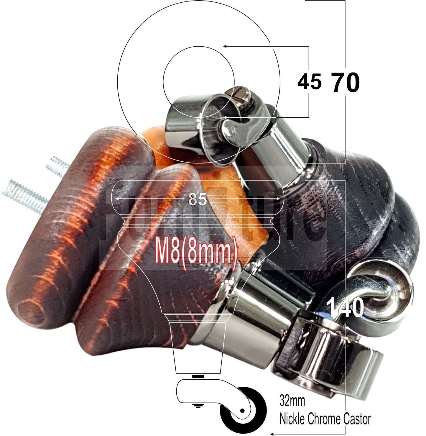 Set Of 4 Turned Furniture Wood Feet With Black Castors 140mm Sofas Chairs Settee Cabinets Beds M8(8mm)