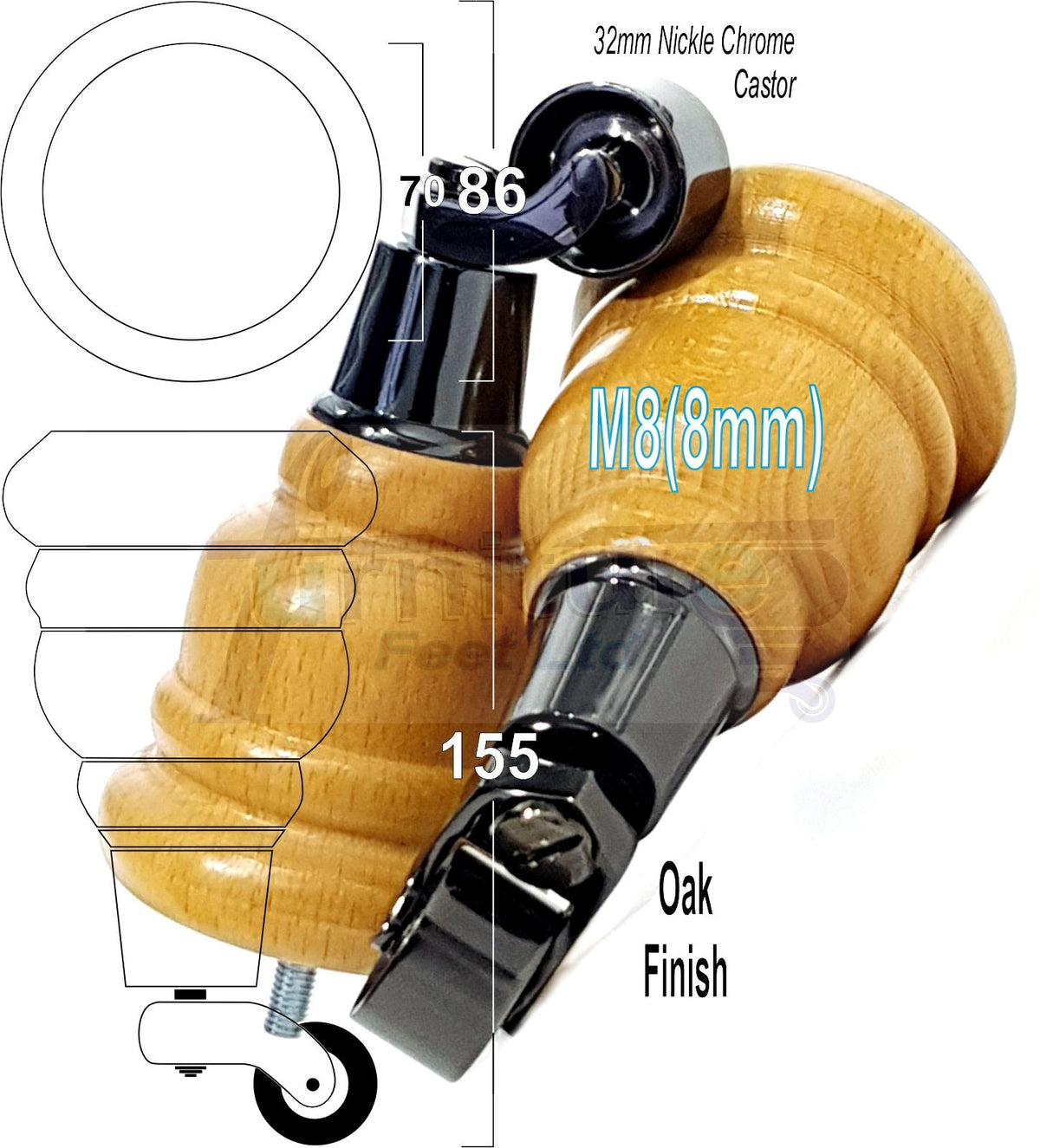 4 Turned Wooden Replacement Furniture Legs with Castors 6 Inch 155mm High Sofa Feet M8 Dowl Fixing - Black Castor