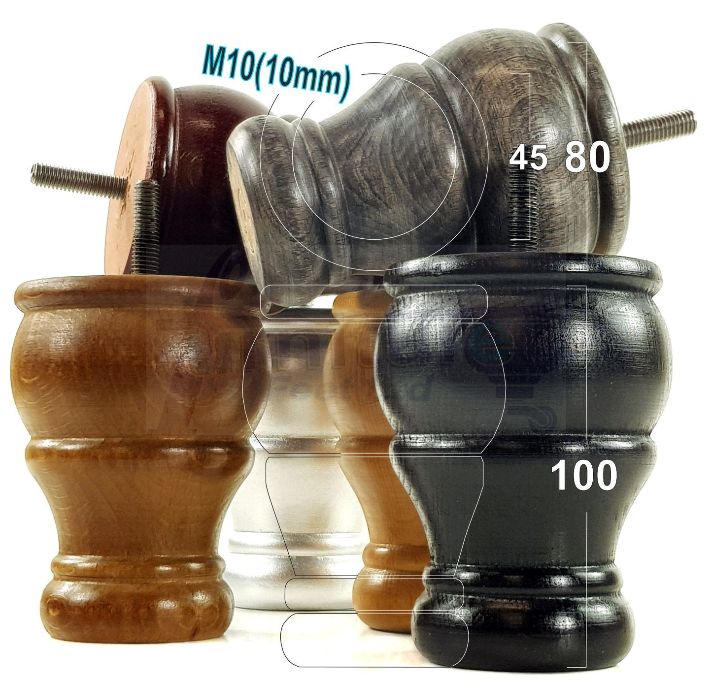 4 Turned Wood Furniture Legs Replacement Sofa Settee Chair Bed Feet 100mm High M10 Thread
