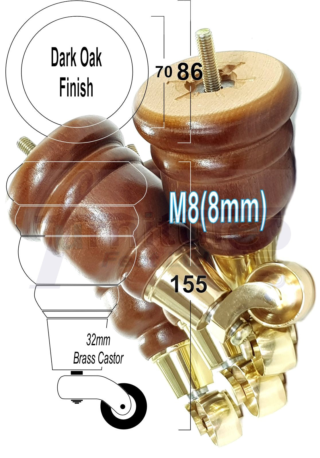 4 Turned Wood Furniture Feet With Brass Castors 155mm Legs Sofas Chairs Stools Cabinets Beds M8 6 Inches