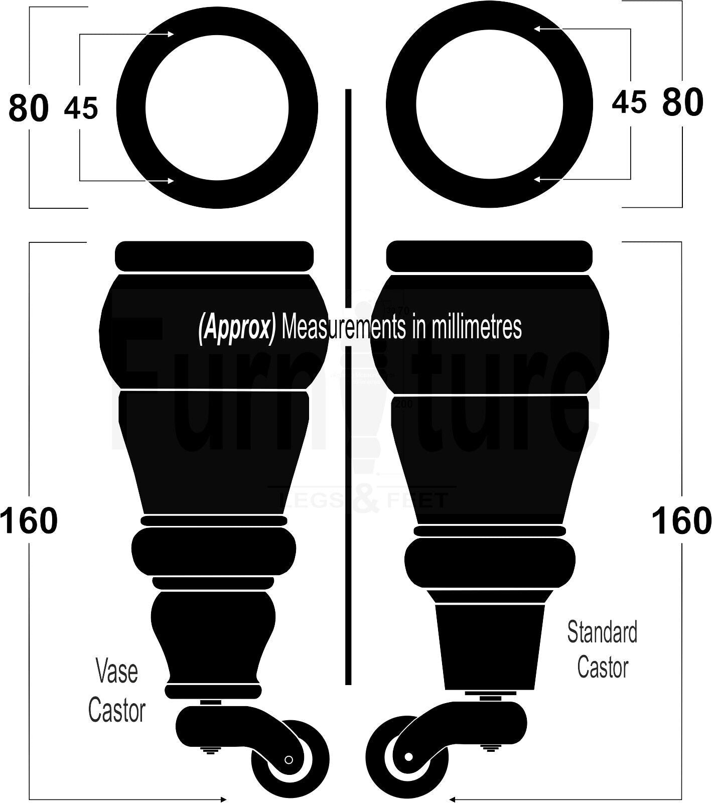 2 Wooden Castor Furniture Sofa Legs & 2 Curved Back Feet  Mahogany M8 Chair Settee Feet 160mm High