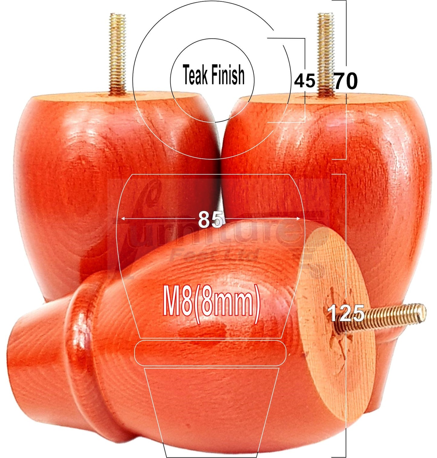 Set Of 4 Solid Wood Turned Replacement Furniture Legs 125mm High 8mm Thread