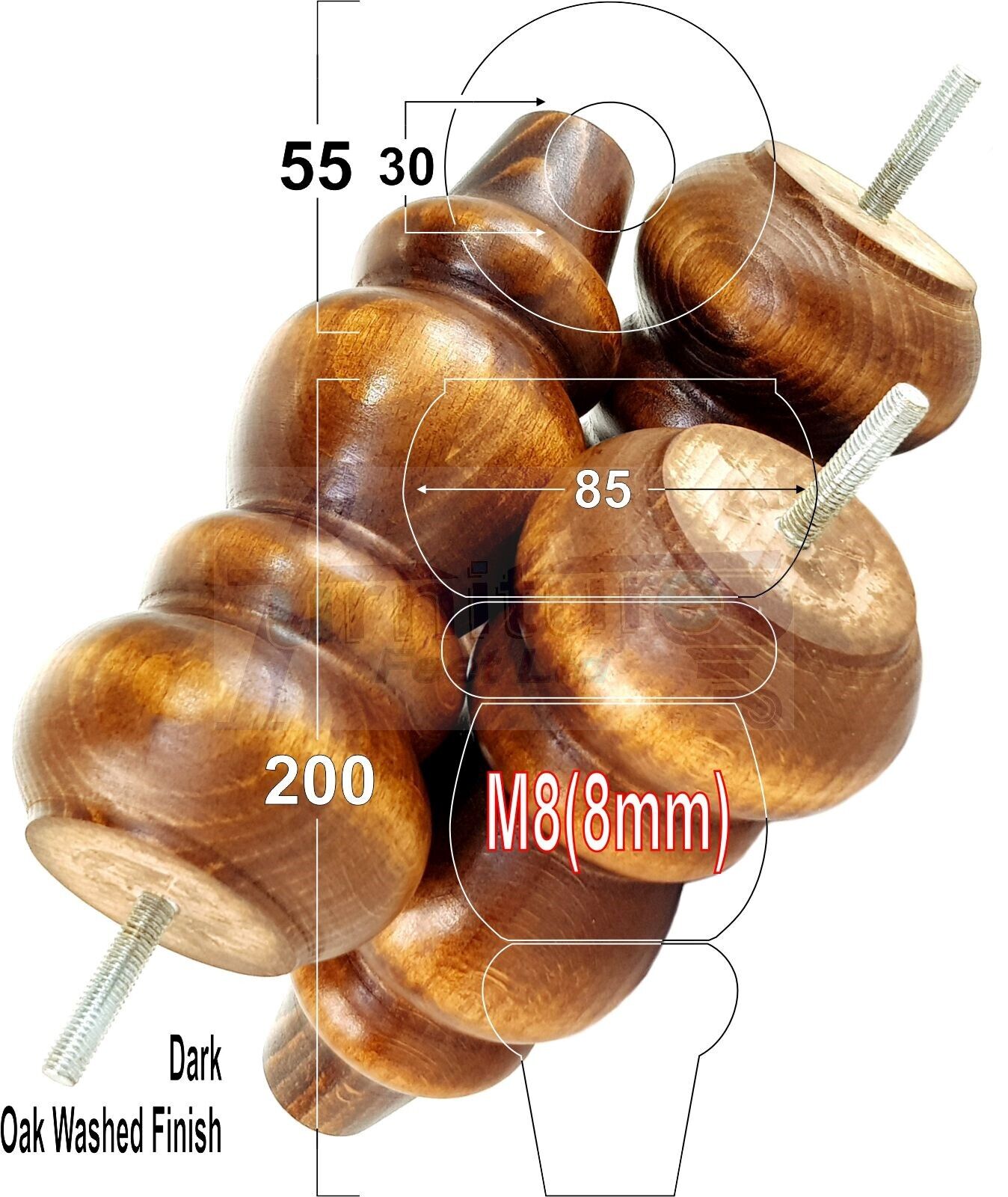 Solid Wood Furniture Feet Replacement Turned Legs 200mm High Chairs Stools Sofa's Beds Settee Cabinets M8 Various Colours Set of 4