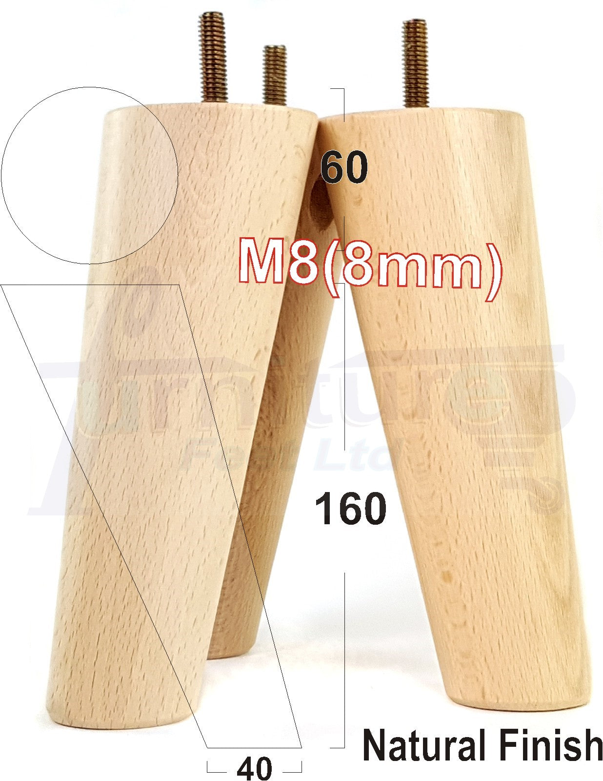 4 Solid Wood Turned Furniture Feet Replacement Mid Centry Angled Retro Legs 160mm High M8 Sofa Chairs Stools Cabinets Beds