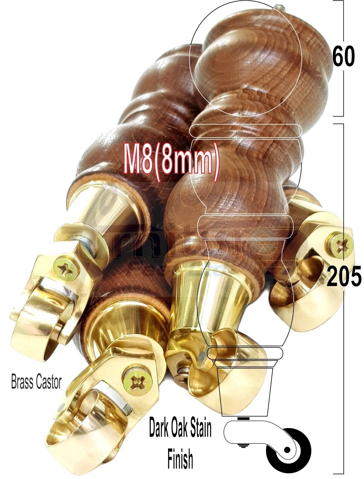 4x Furniture Feet With Castor 205mm High Legs Dark Oak Wood M8 Sofas Chairs Stools Cabinets 8 Inches Tall
