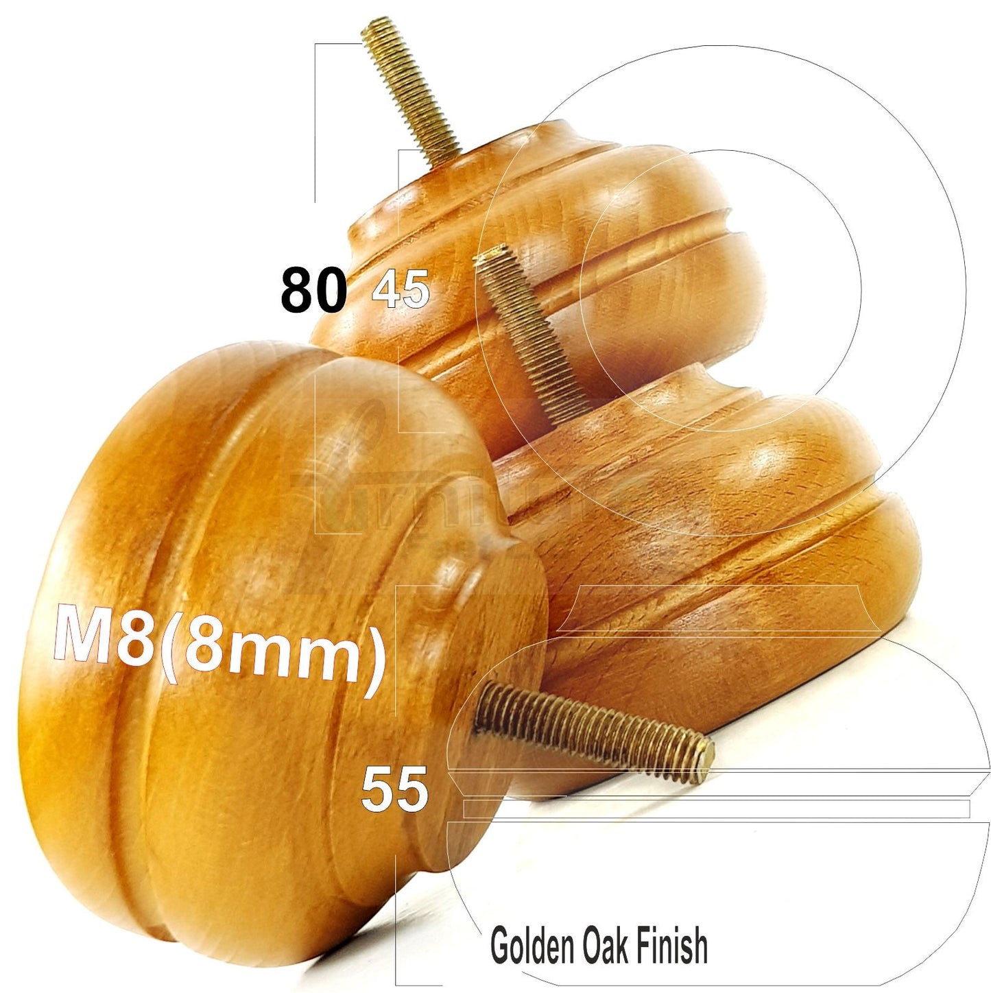 4x Soild Turned Wood Replacment Furniture Legs Sofa Feet 55mm High 8mm Thread