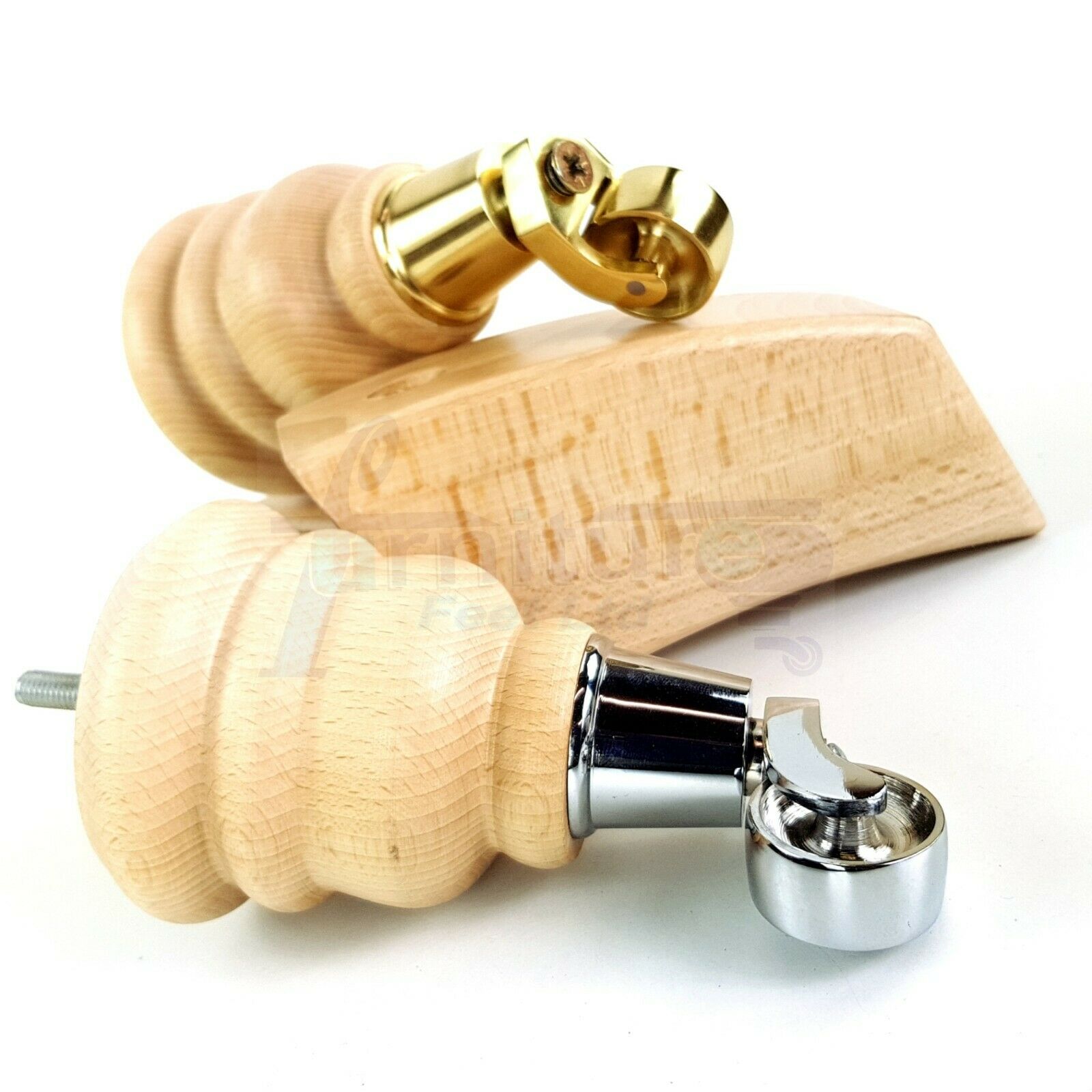 Turned Natural Wood Furniture Feet 2 With Castors 155mm and 2 Curved Back Legs Sofas Chairs Stools Cabinets Beds M8 6 Inches