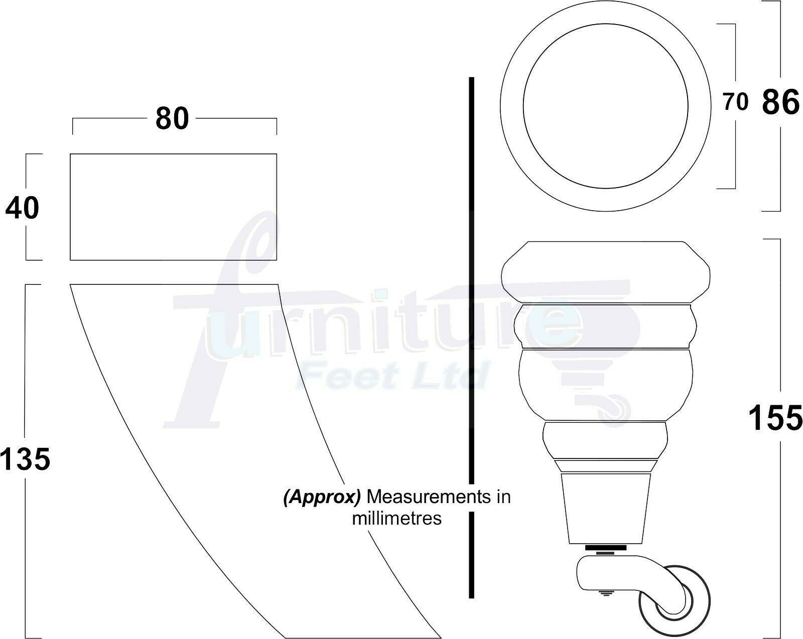 Black Turned Wood Furniture Feet 2 With Castors 155mm and 2 Curved Back Legs Sofas Chairs Stools Cabinets Beds M8 6 Inches