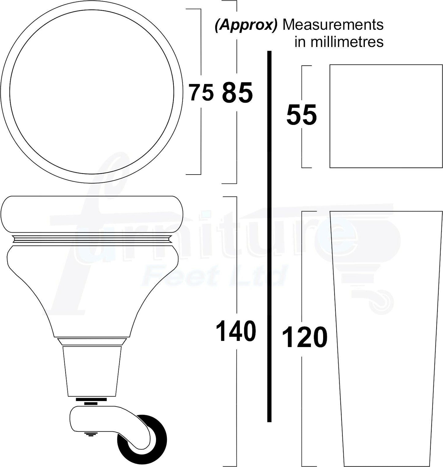 Turned Wood Furniture Feet 2 With Castors 140mm & 2 Curved Back Legs Sofas Chairs Cabinets Beds M8