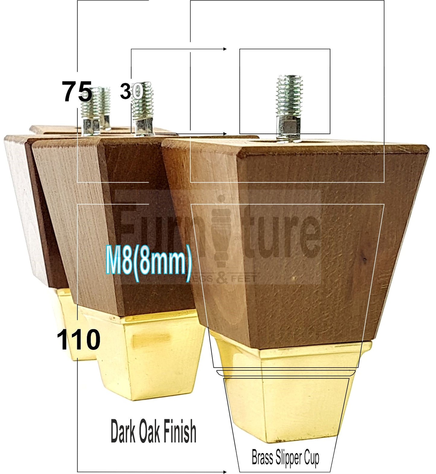 4x Block Wood With A Brass Slipper Cup Furniture Chair Settee Legs M8 Sofa Feet 110mm