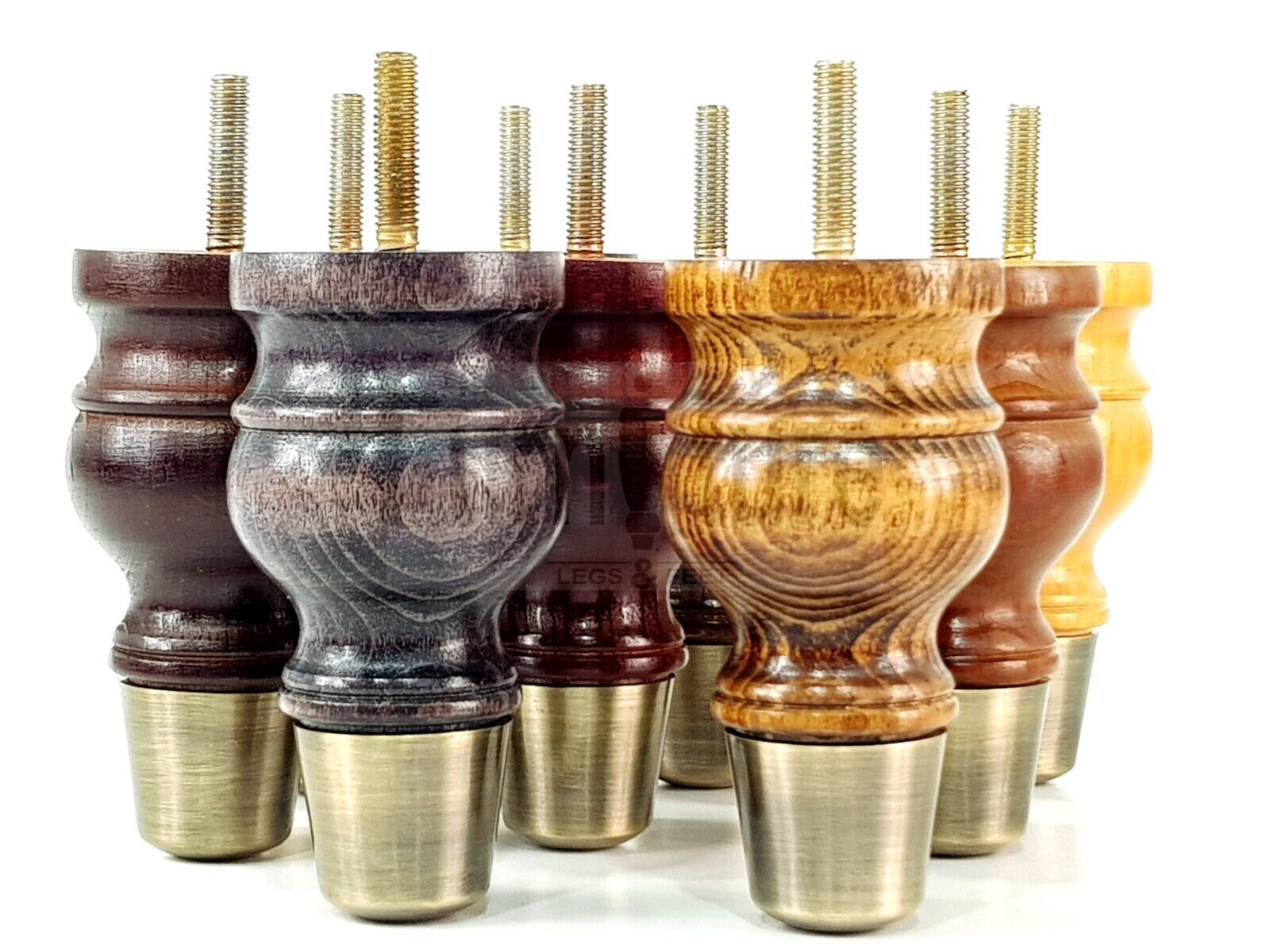 4x Turned Wood Furniture Feet Antique Brass Slipper Cup M8 Chair Sofa Settee Legs 110mm